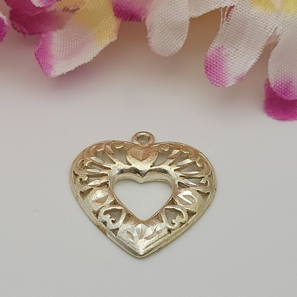HAN 925 Sterling Silver Filigree Heart Pendant 0.75 Inch Hammered Open Work